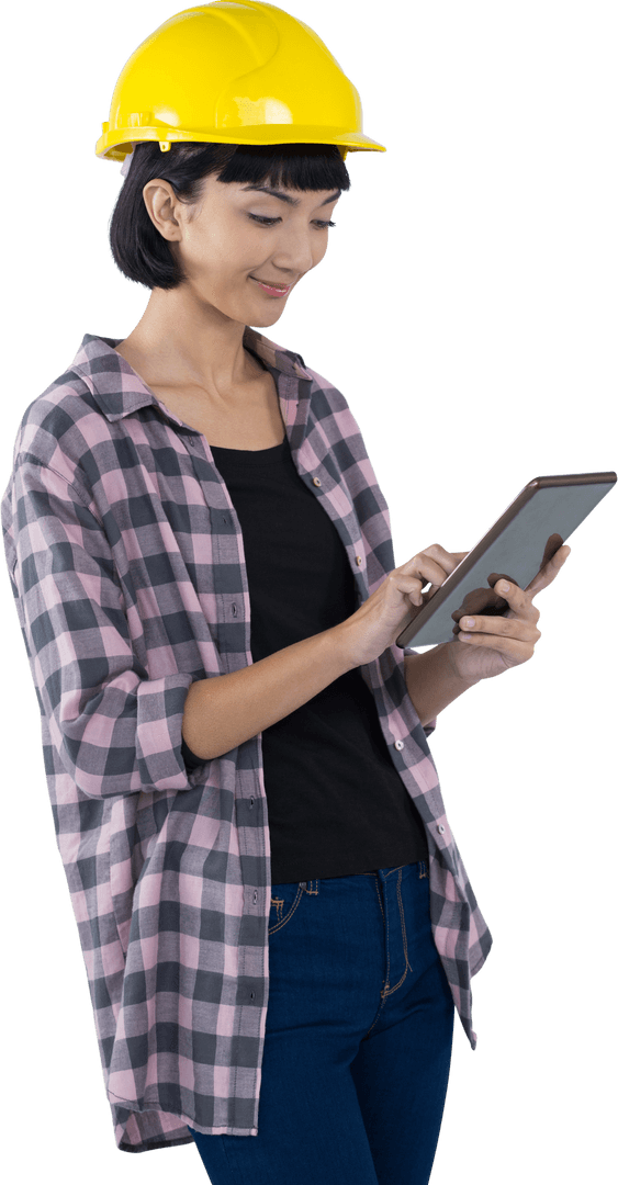Smiling Female Architect Using Tablet with Hard Hat Transparent Background