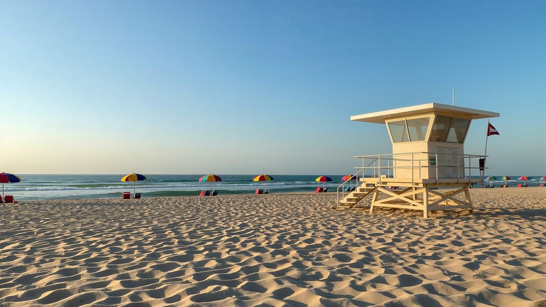 Sunny Beach with Lifeguard Tower and Colorful Umbrellas at Sunrise