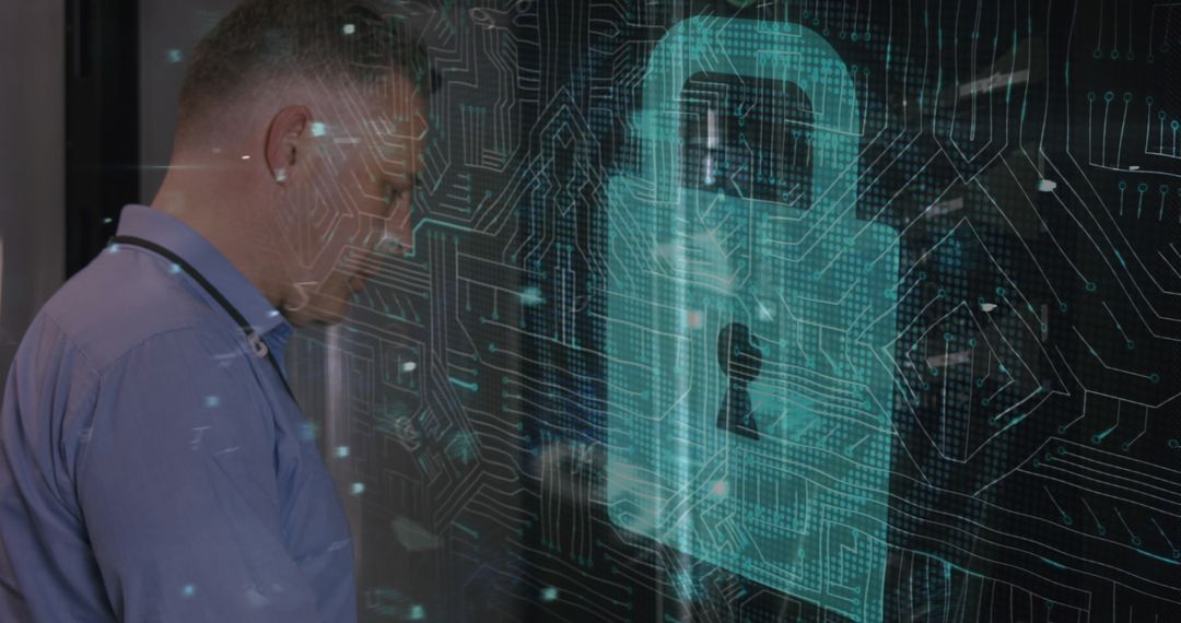 Technician Observing Cyber Security Lock Overlay on Server Room