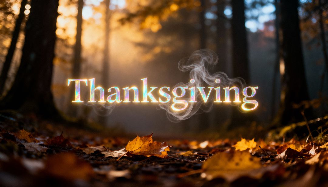 Iridescent Floating Thanksgiving Text Over Autumn Forest Floor With Golden Sunbeams and Mist
