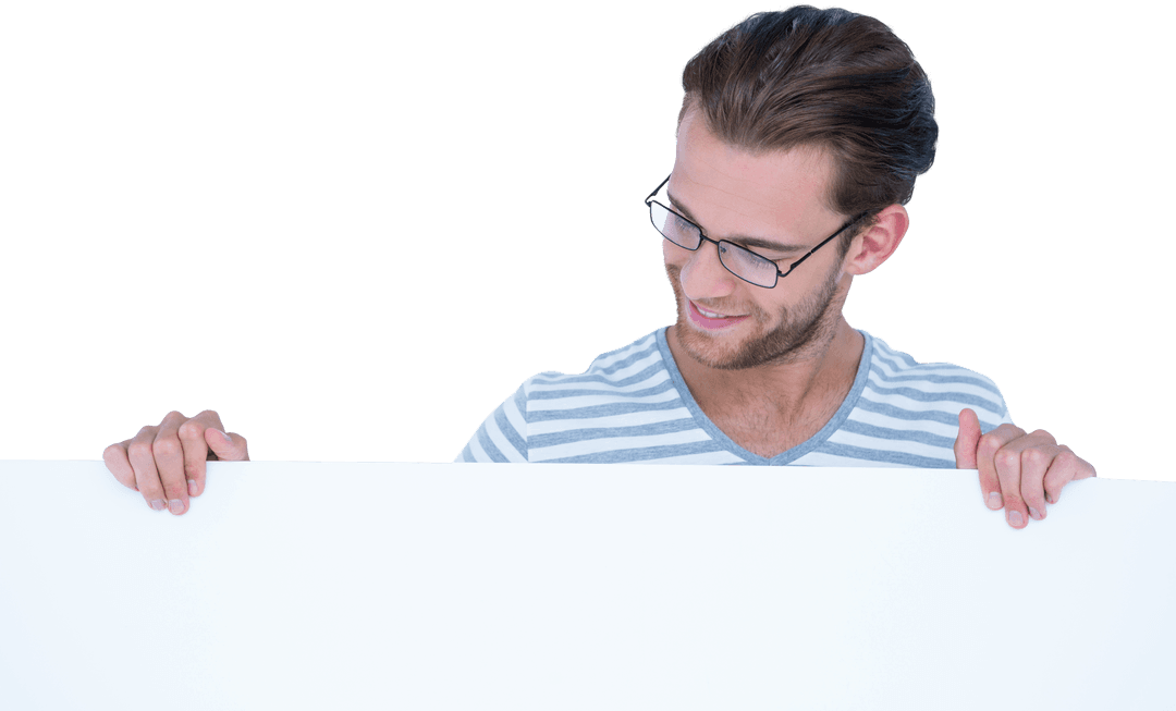 Confident Man Holding Transparent Blank Sign and Smiling