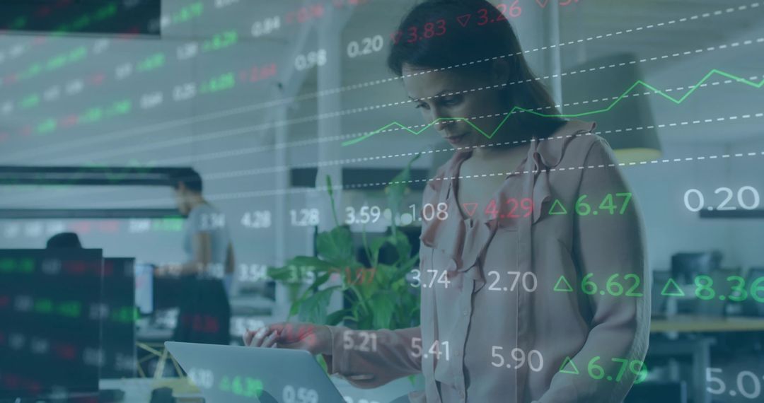 Businesswoman Working on Laptop with Stock Market Data Overlay