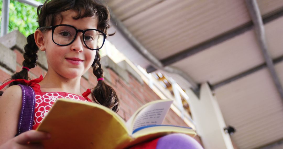 Young Girl Reading Book with Smile Wearing Glasses - Free Images, Stock Photos and Pictures on Pikwizard.com