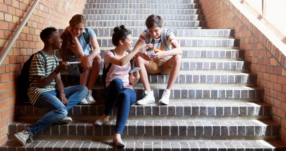 Diverse group of teenagers sharing food and phone on stairs - Free Images, Stock Photos and Pictures on Pikwizard.com