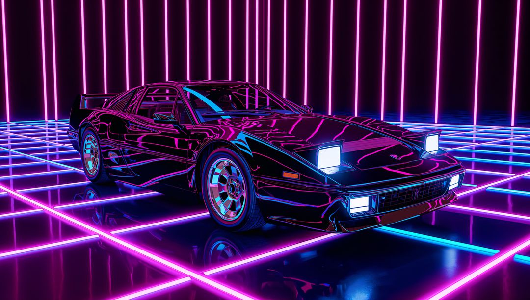 Glowing 80s wedge sports car reflecting magenta-cyan neon grid, Synthwave retro future