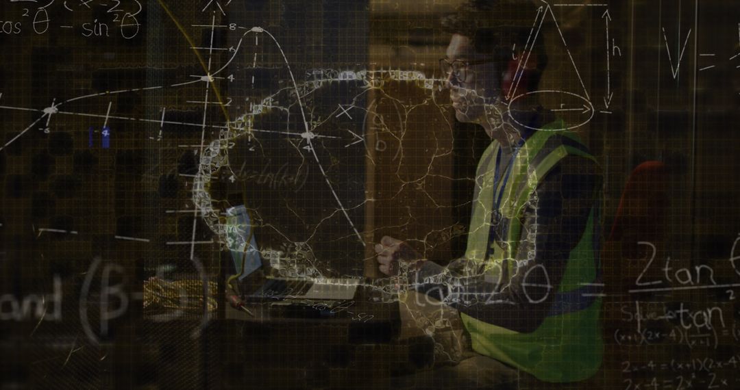 Engineer Analyzing Data with Digital Brain Overlay in Server Room