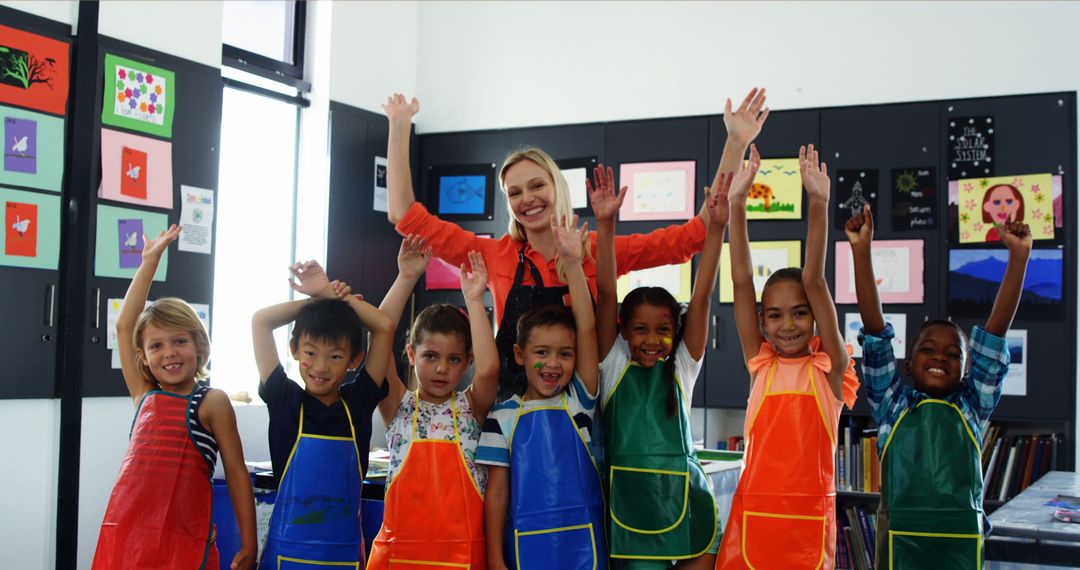 Happy Teacher with Diverse Group of Kids Smiling in Art Class - Free Images, Stock Photos and Pictures on Pikwizard.com