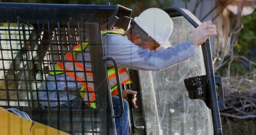 Construction Worker Entering Vehicle with Overlaid Data