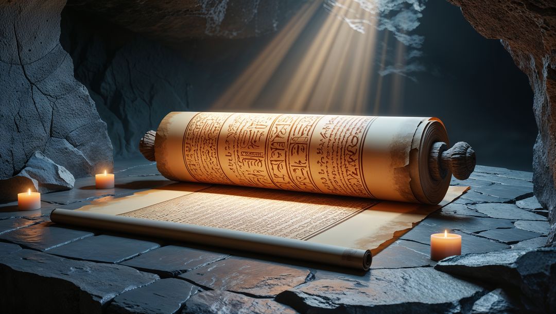 Ancient Hieroglyphic Scroll Illuminated in Mysterious Cavern