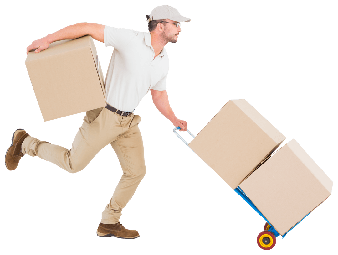 Energetic Delivery Man Running with Trolley and Boxes Transparent