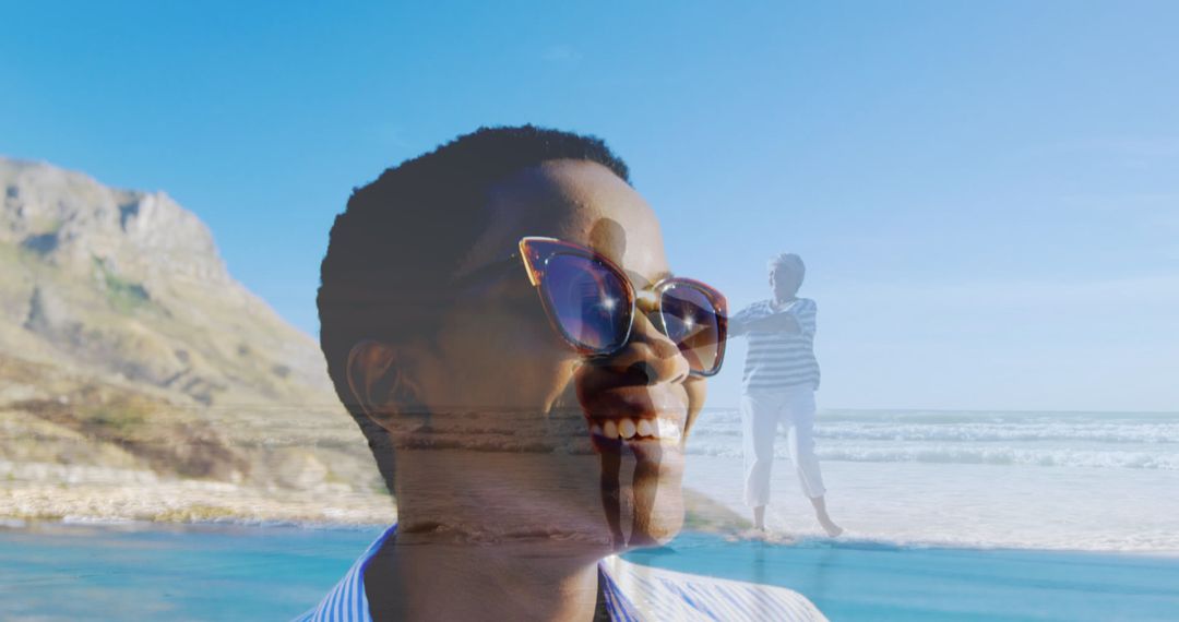 Double Exposure Portrait of Woman on a Beach Reflecting Joy - Free Images, Stock Photos and Pictures on Pikwizard.com