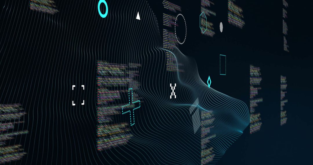 Abstract Network Wave with Data and Shapes on Black Background