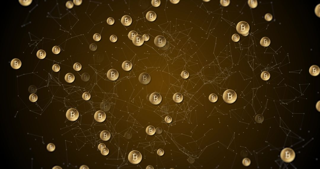 Glowing Bitcoin Symbols with Network Connections on Brown Background