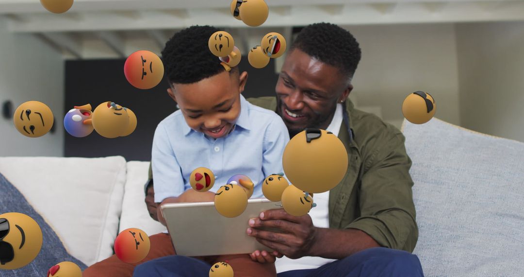 Father and Son Enjoy Digital Interaction with Emojis