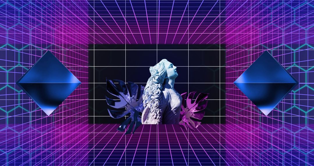 Futuristic Digital Composition with Statue and Grid Pattern