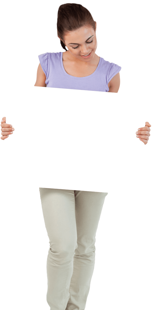 Smiling Woman Holding Blank Card on Transparent Background