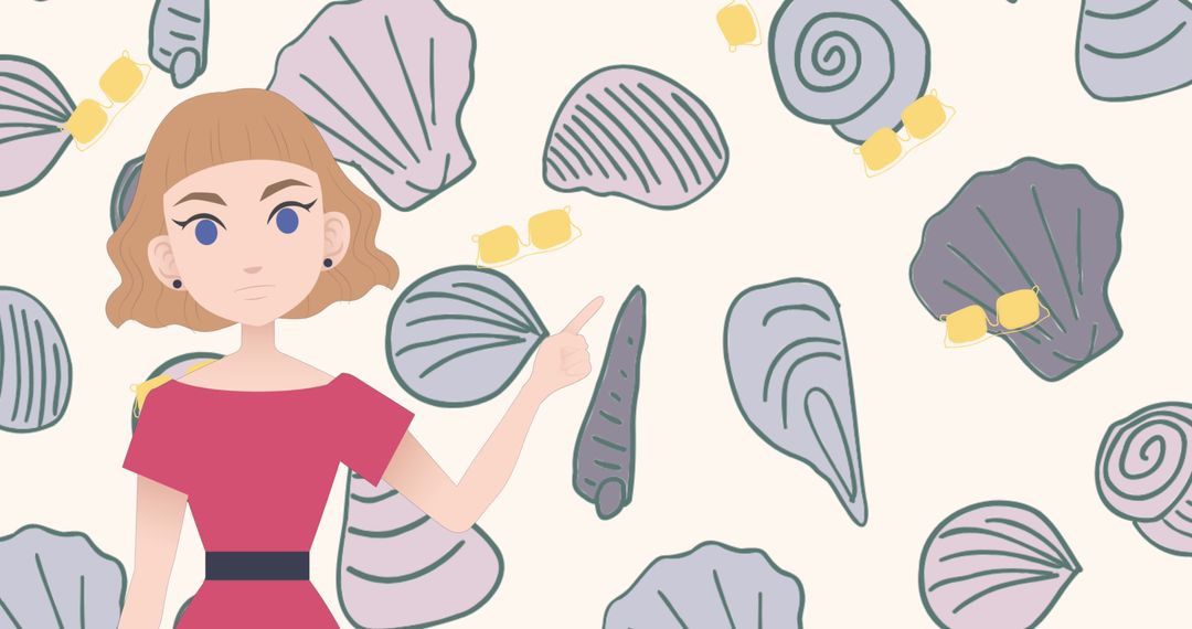 Animated Woman Presenting Overlaid Seashell Icons Whimsical Design