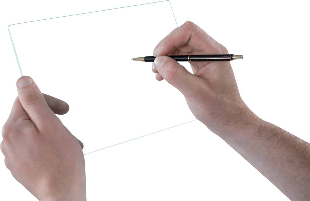 Transparent Clipboard and Pen in Hands