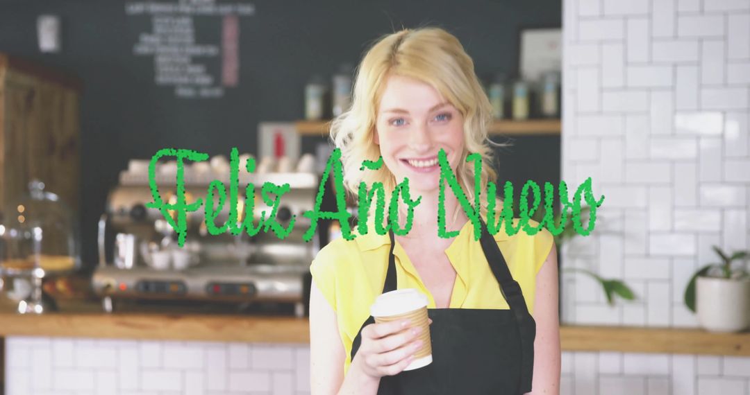 Smiling Barista Serving Coffee Behind Cozy Café Counter