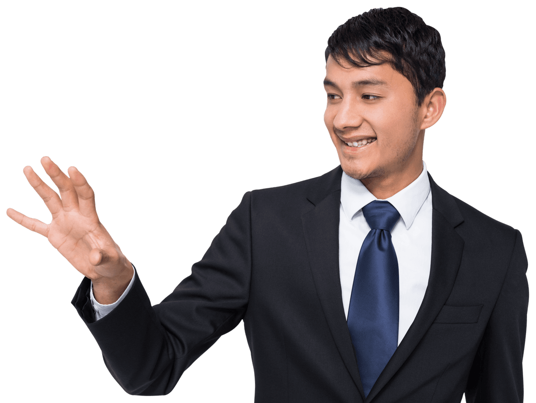 Smiling Asian Businessman Reaching Out on Transparent Background