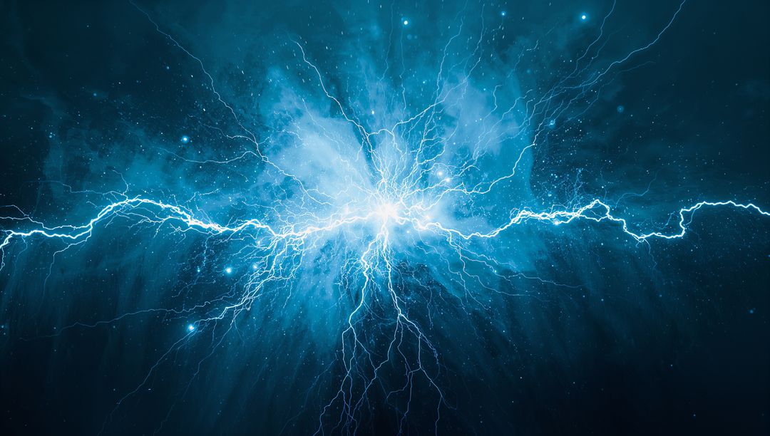 Blue Energy Burst with Illuminating Lightning Arcs Across Cosmic Void