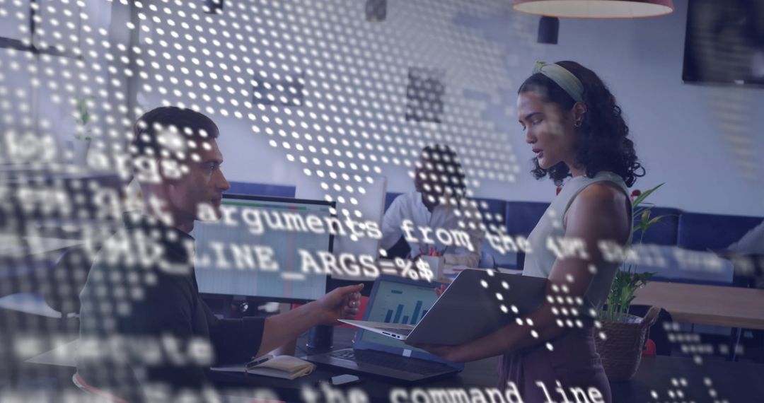 Diverse Team Amid Digital Overlay Collaborating in Modern Office