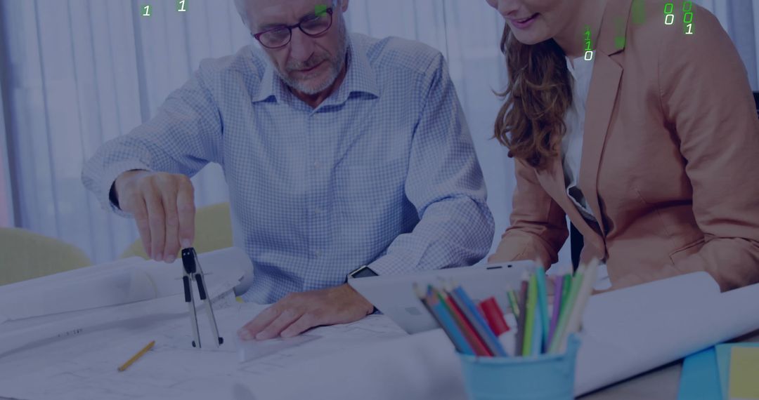 Senior Architects Collaborating Over Blueprints Using Compass and Tablet for Precise Design