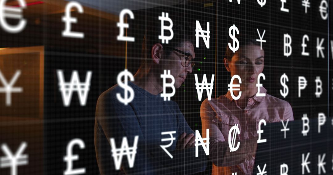Business Professionals Analyzing Currency Exchange Data in Server Room