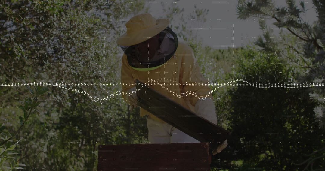 Beekeeper Handling Honeycomb in Lush Garden Setting