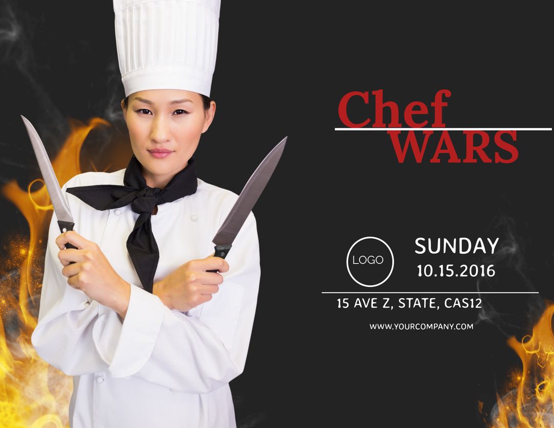 Chef Poised with Knives Against Fiery Backdrop for Culinary Event