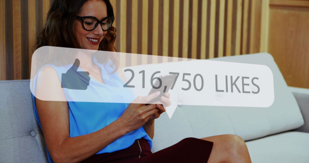 Smiling Woman Engaging on Social Media with Like Notification Overlay