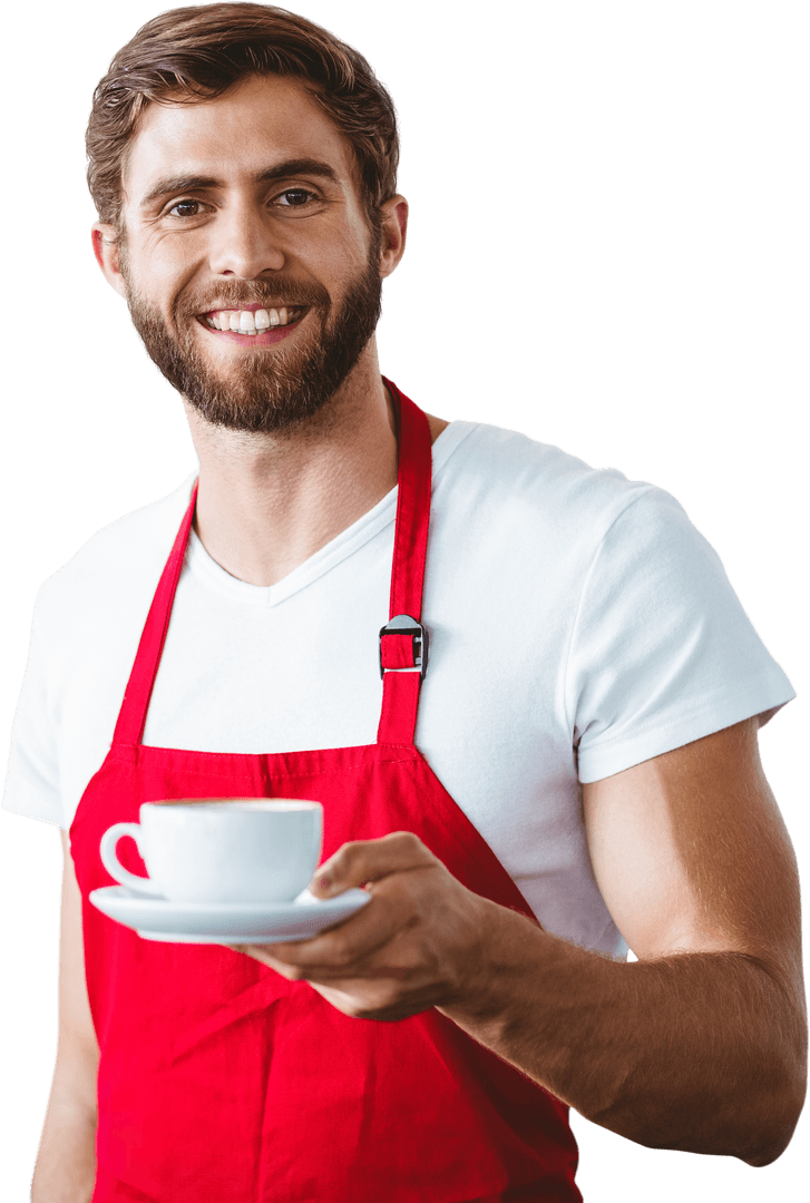 Smiling Barista Holding Coffee Cup on Transparent Background
