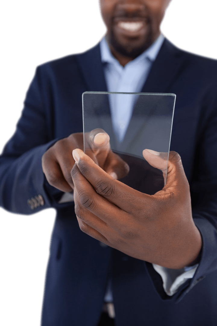 Smiling businessman using transparent touchscreen interface