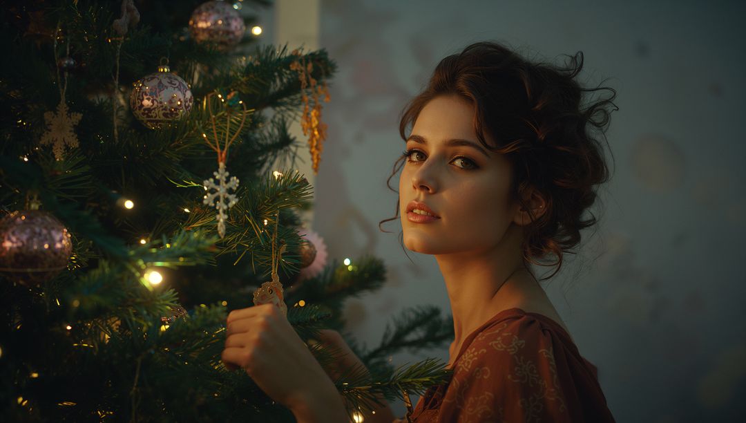 Festive Lady Adjusting Christmas Ornament on Tree