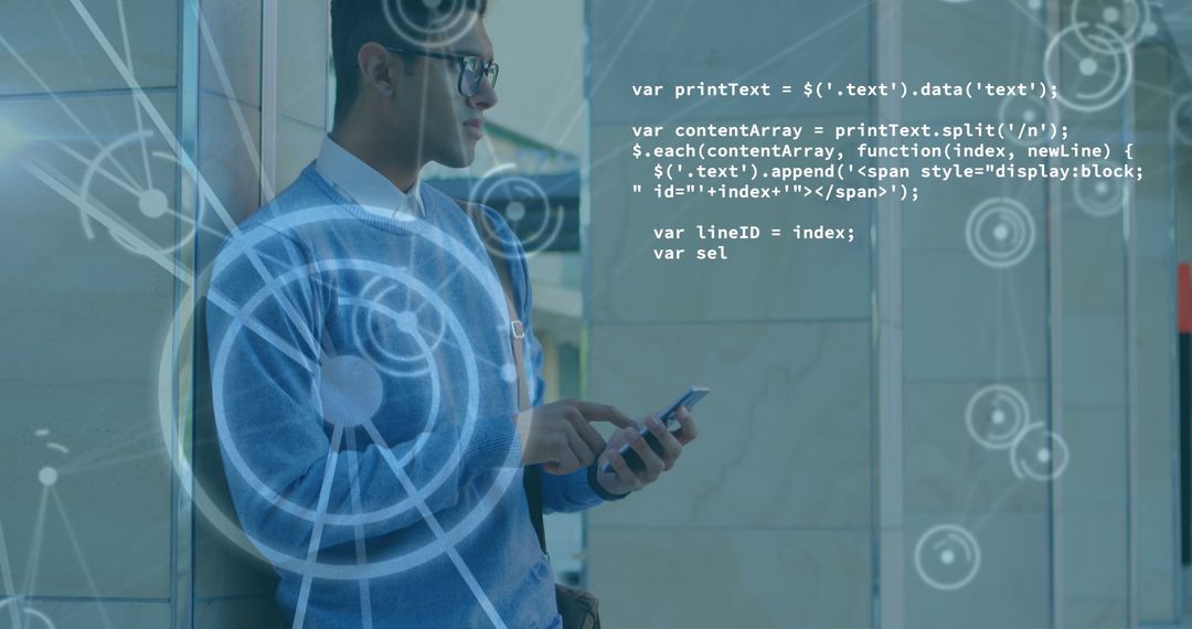 Young Man Using Smartphone With Digital Network Overlay