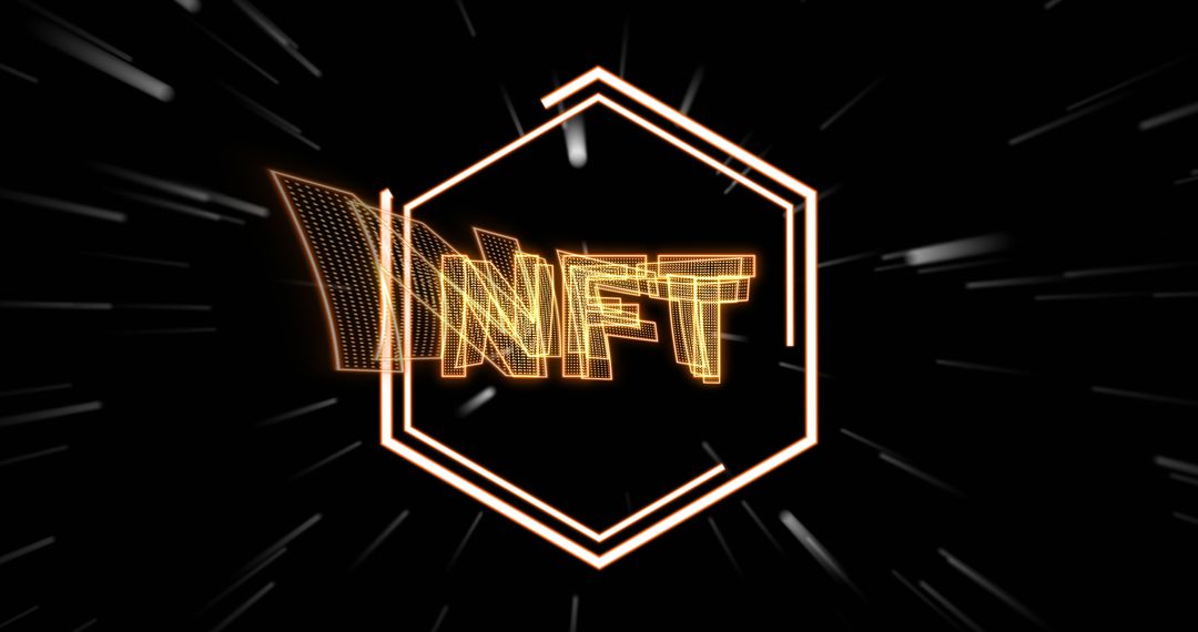 Digital Glowing NFT Hexagon on Black Dynamic Background