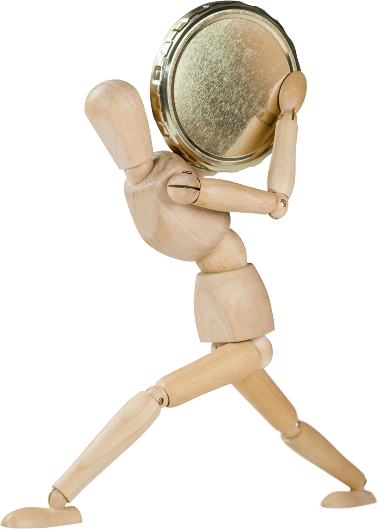 Transparent Wooden Figurine Holding Large Gold Coin Figurine Posing