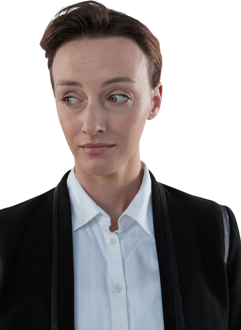 Thoughtful Businesswoman on Transparent Background Looking Sideways
