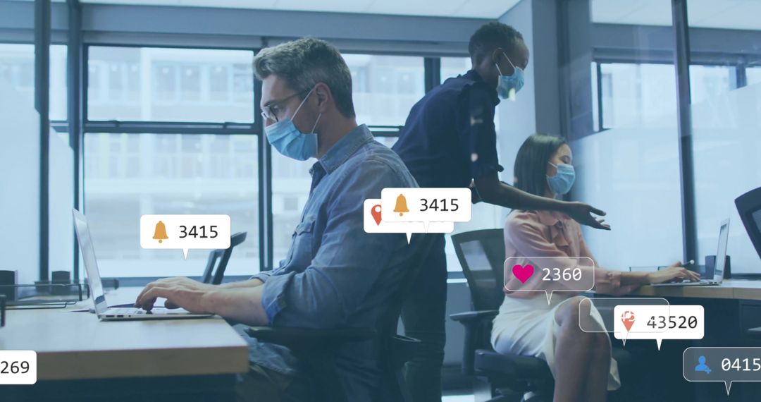 Masked Business Team Typing and Collaborating with Digital Notifications