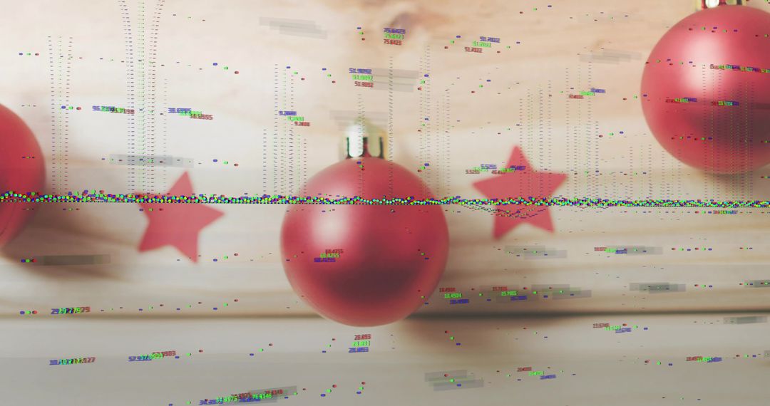 Glitched Red Christmas Bauble Hanging Over Rustic Wood with Digital Distortion