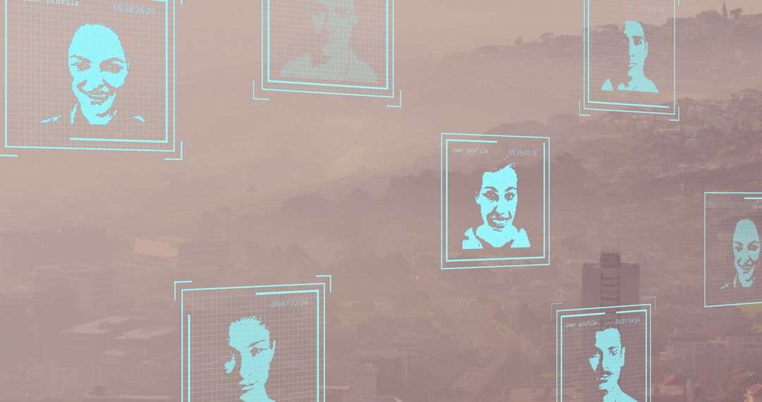 Digital Profiles Floating Above Urban Skyline with Hazy Backdrop