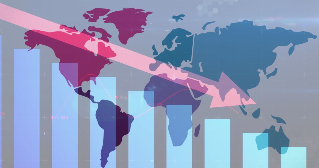 Economic Downturn with Global Map and Descending Arrow