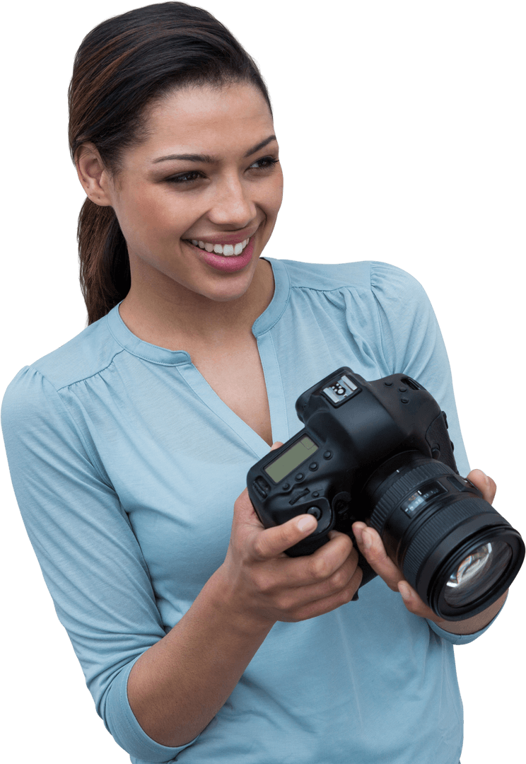 Smiling Woman Holding Digital Camera Isolated Transparent Background
