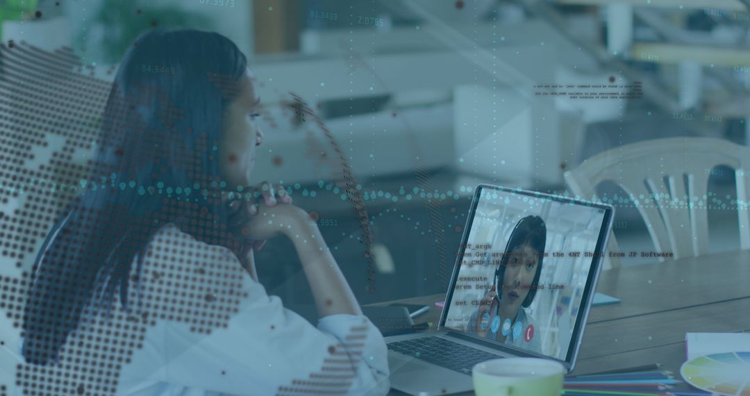 Businesswoman Engaging in Video Call with Data Visualization