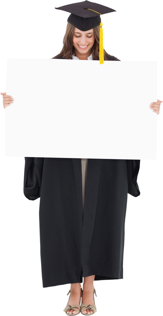 Transparent Woman in Graduation Attire Holding Blank Sign Smiling Down - Download Free Stock Images Pikwizard.com