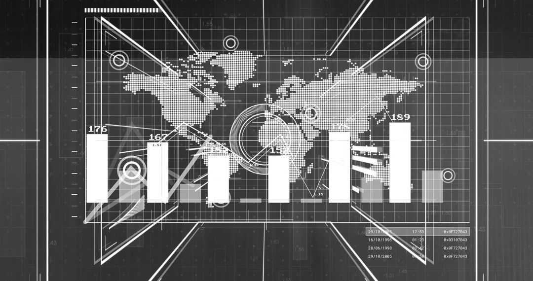 Futuristic Data Analytics Dashboard with World Map and Bar Graphs