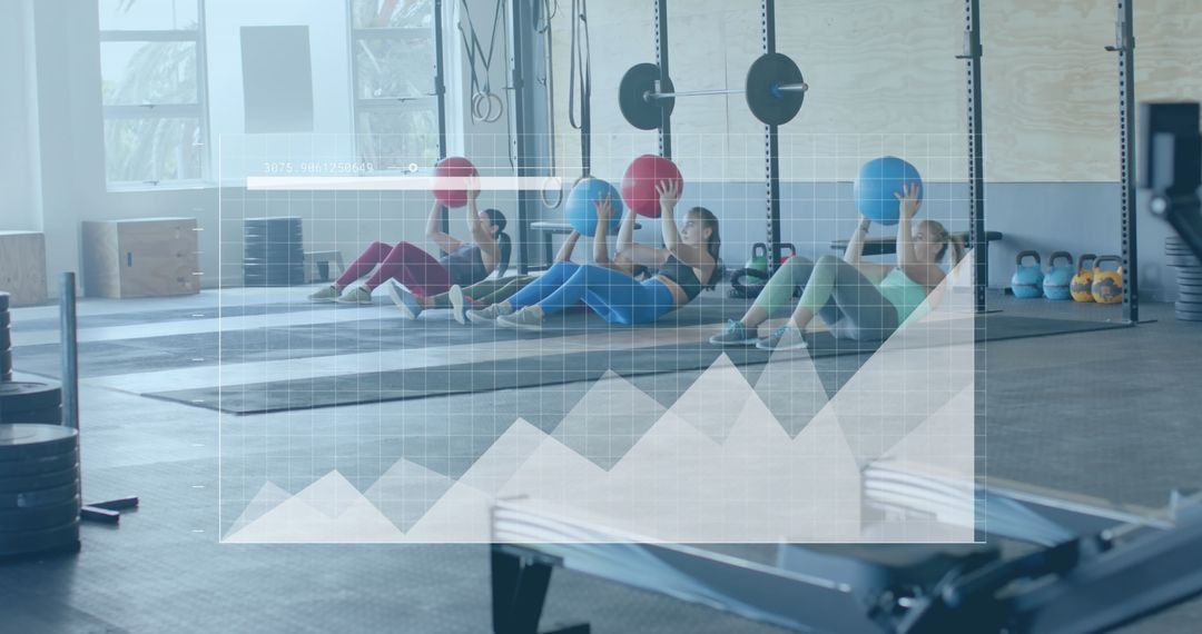 Women Engaging in Cross Training with Digital Data Interface Overlay