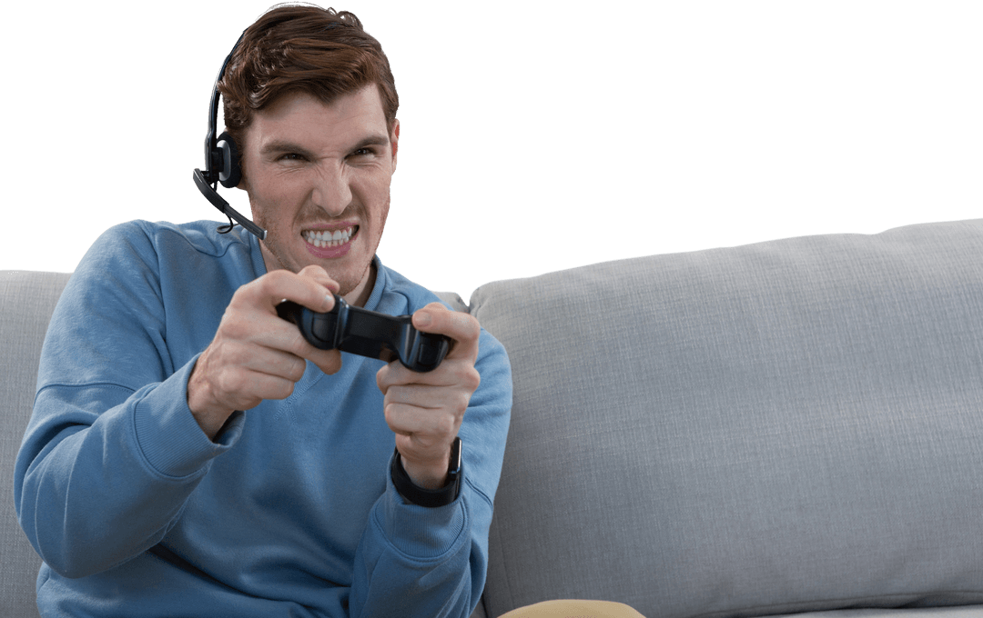 Caucasian Man Intensely Playing Video Game on Transparent Background