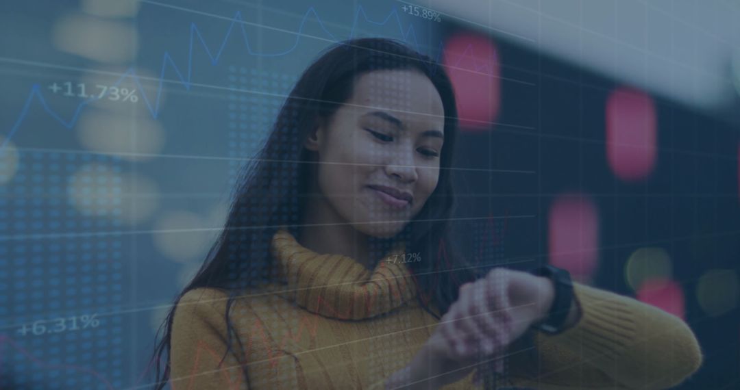 Woman Using Smartwatch with Digital Graph Overlay