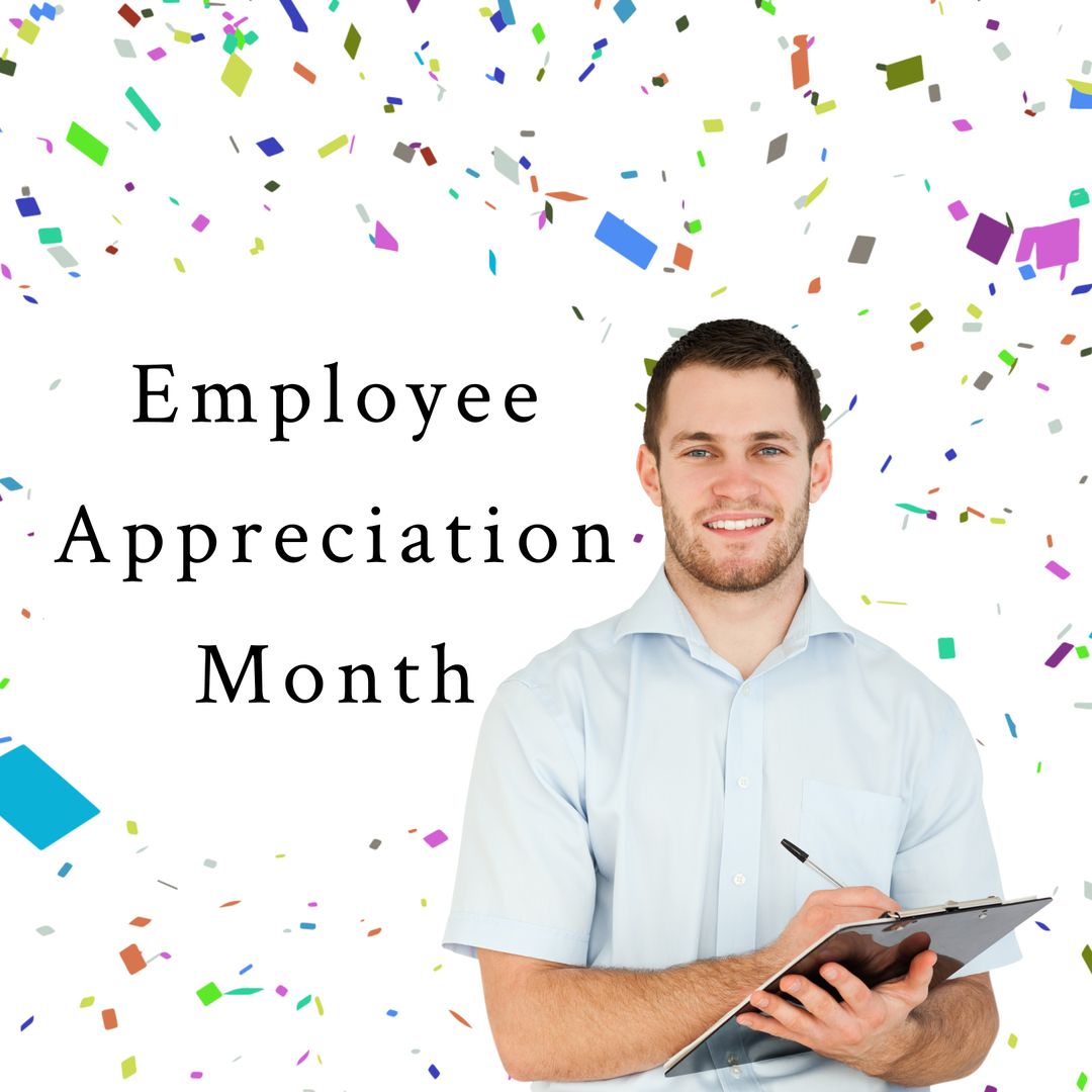 Smiling Employee Celebrating Appreciation Month with Confetti